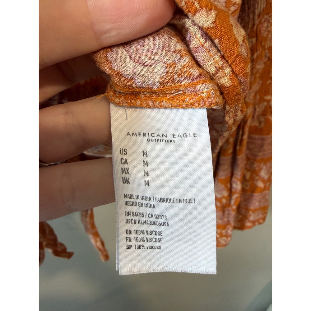 American Eagle Floral Tie Front Bell Sleeve Crop Top Rust Orange Boho Womens M - Picture 3 of 8